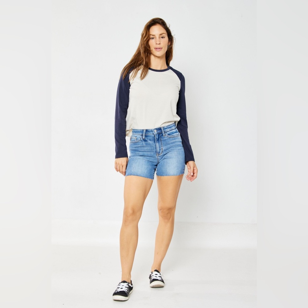 Judy Blue Large denim shorts high waist raw hem medium wash JB15277 MD NWT